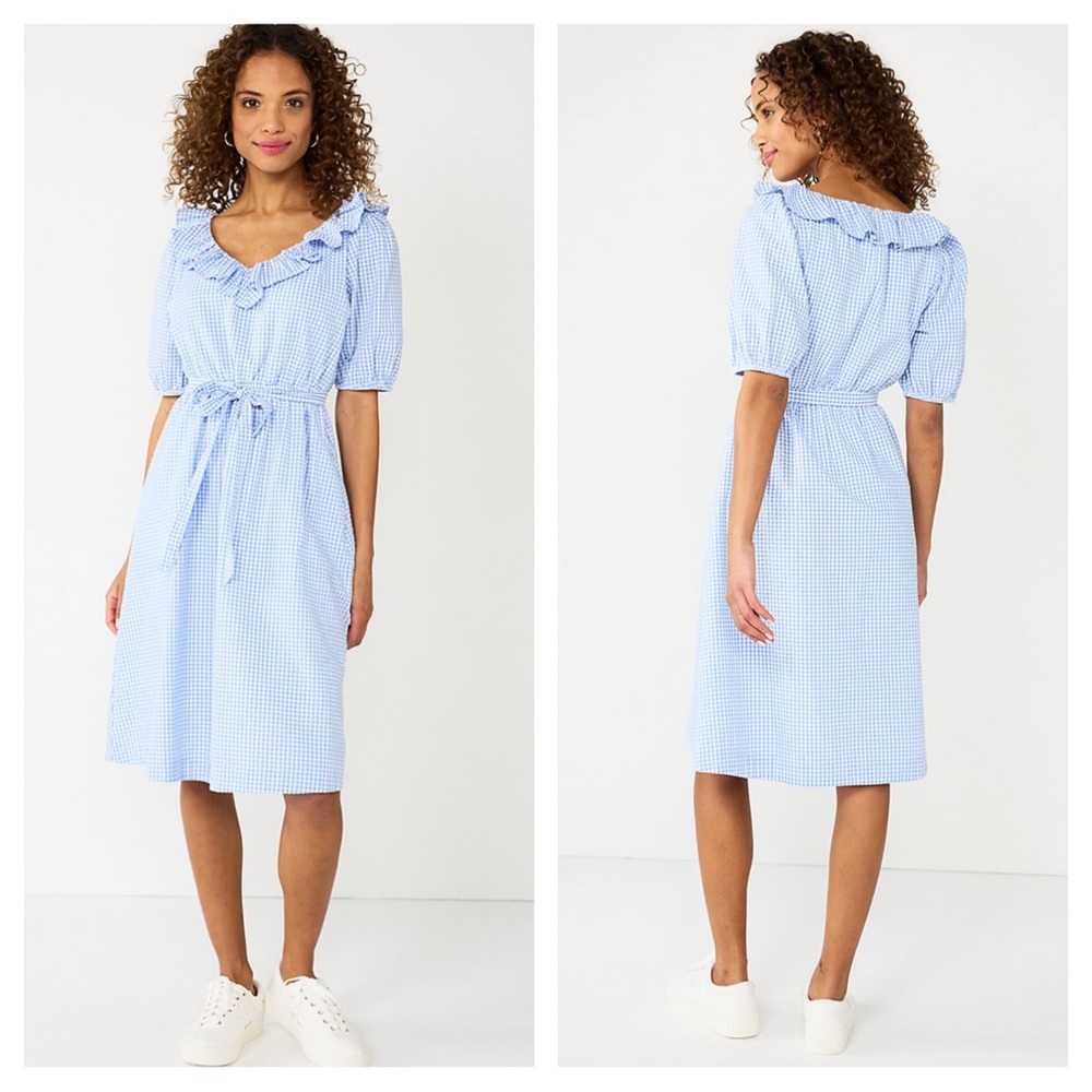 Draper James RSVP Blue & White Gingham Check Short Sleeve V-Neck Dress Size XL